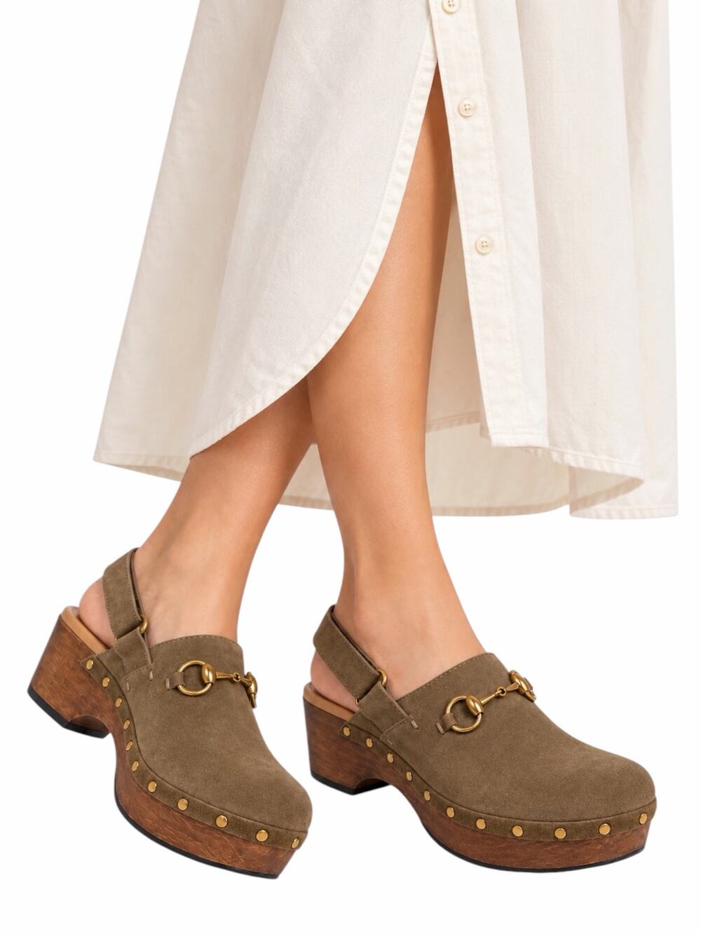 Gucci Amstel Suede Horsebit Slingback Clogs Platform Taupe Gold Size 38.5